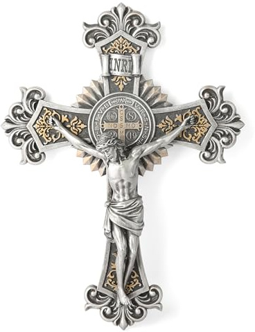 BC BUILDCLASSIC Katholisches St. Benedikt Kruzifix Wandkreuz, elegantes Jesus Christus, Heimdekoration, religiöses Geschenk, Renaissance-Schnitzerei, silberfarbenes Finish, 30,5 cm hoch, handbemalt