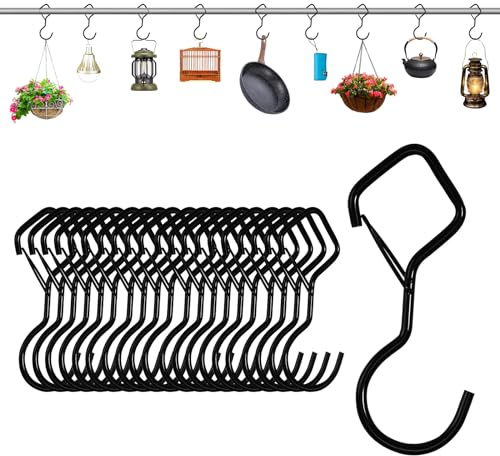 DUTIFUL 20 Stück S Haken Schwarz Haken zum Einhängen Haken mit Sicherung S Haken Edelstahl S-förmige Haken für Kleiderstange für Küche Werkstatt Badezimmer Garten Schlafzimmer Draussen