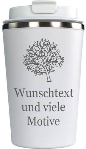 Kaffeebecher to go weiß mit Gravur und Motiv - personalisierter Edelstahlbecher 0,35 l, Kaffeegenuss unterwegs, individualisiertes Geschenk für Männer und Frauen, Mehrwegbecher
