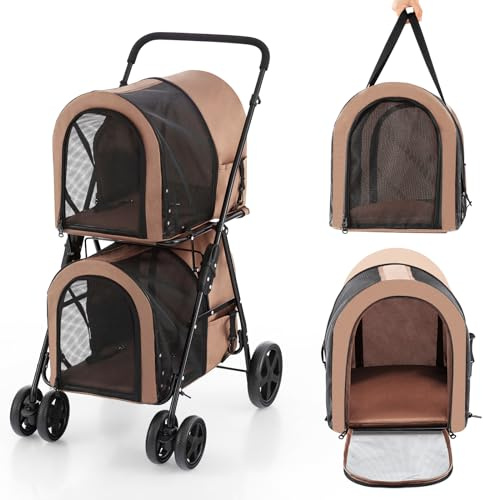 COSTWAY Double Couche Poussette pour Chien Chat Animaux, 2 Cages Détachables avec Porte Avant et Arrière, Roues Pivotants Universelles, Poussette de Voyage pour Animaux pour Twin ou Multiple (Beige)