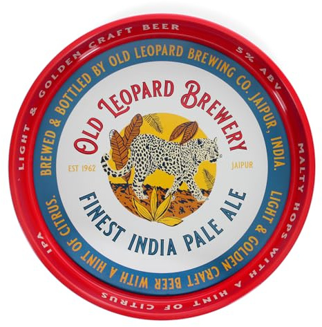 REX London Decorative Metal Serving Plate, drinks tray, Old Leopard Brewery | round metal tray, cocktail tray, round serving platter, metal drink coaster, cocktail drink stand, party plate