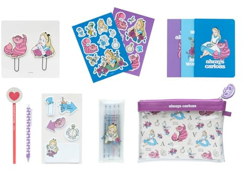 Grupo Erik Schreibwaren Disney Alice im Wunderland Kugelschreiber Bleistift mit Radiergummi - Federmäppchen Groß - Büroklammern - 4 Textmarker - Notizzettel Klebend Disney Fanartikel