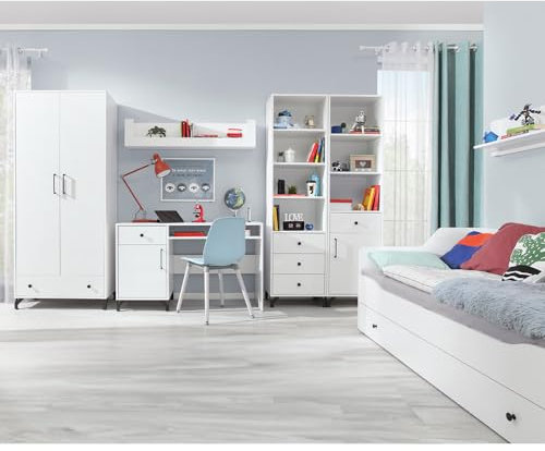 Lomadox Jugendzimmer Set modern weiß mit Glanz Bett 90x200cm Bettschubladen Kleiderschrank Schreibtisch Wandboard Wandregal Regal Schrank