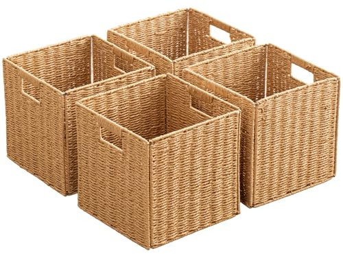 Foldable Storage Baskets with Handles Paper Rope Storage Baskets Rectangle Collapsible Hand Woven Storage Cubes Bins for Organizing Shelves Living Room Bedroom Pantry (4, 11'' x 11'' x 11'')