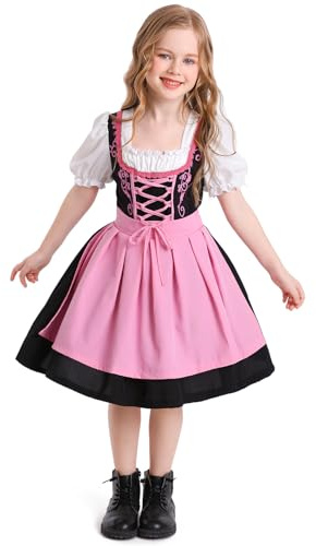 FYMNSI Vestido tirolés alemán para niña, disfraz para Oktoberfest bávaro, vestido tradicional con delantal para Halloween y carnaval, Rosa., 8- 10 Años