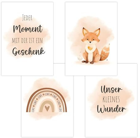4er Set Baby DIN A4 Bilder mit Fuchs, Regenbogen und Sprüchen, Poster mit Tiermotiv für Babyzimmer, 200g/m² Papier, Kinderzimmer Wanddeko, für Bilderrahmen, Dekoration für Jungen & Mädchen, Beige