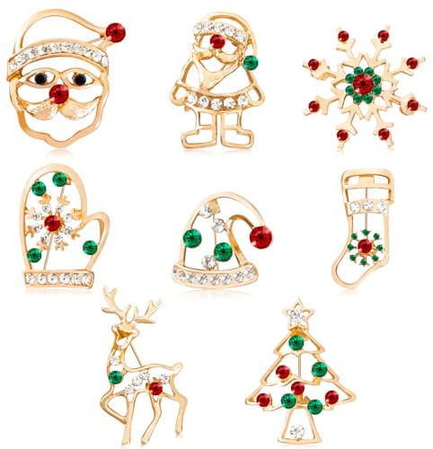 MELLIEX 8 Piezas Pin Broches de Navidad Broch de Diamantes de Imitación Decoraciones Navideñas de Strass para Ropa Adornos Regalo
