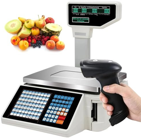 KX-ENERGIE Kommerzielle Zählwaage mit Doppelanzeige, Waagen zum Drucken digitaler Preisschilder, Digitale Barcodewaagen für Supermärkte/Einzelhandel (Machine mit Scanner)