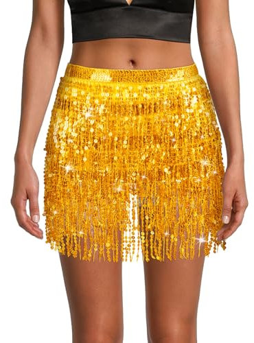OFFCUP Glitzer Pailletten Quasten Rock für Bauchtanz, Damen Fransen Festival Glitzerrock, Rave Kostüm, Quastenrock für Fasching Karneval Party - Gold (Maximaler Taillenumfang 80cm)