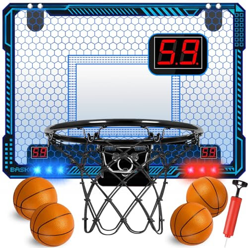TEUVO Indoor Basketball Hoop for Kids with 7 Colors LED Lights/ 4 Balls/Automatic Scoring, Home Office Over Door Mini Basketball Hoop Sport Toy Gifts for 6 8 9 10 11 12 13 Year Old Boys Girl