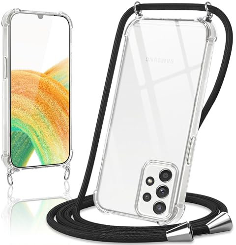 Coiwxmoi Handykette Handyhülle für Samsung Galaxy A33 5G Hülle mit Band 6.4,Transparent Case mit Kette Abnehmbar zum Umhängen Kordel Schutzhülle,Weich Silikon TPU Stoßfest Cover,Schwarz