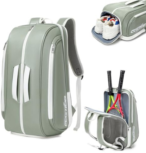 CCGTIOR Multifunktionell strand tennisväska för sport konvertibel padel ryggsäck – laptopfodral, bollärm, staketkrok, enkel åtkomst, skofack (grön)