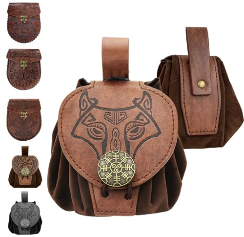 AUNGKWANG Bourse Porte Monnaie en Faux Cuir Embossé MéDiéVal, Pochette Ceinture Homme, Bourse Porte Monnaie,Parfait pour Les Hommes, Les Femmes, Les Costumes d'halloween RéTro Et Le Cosplay(Café)