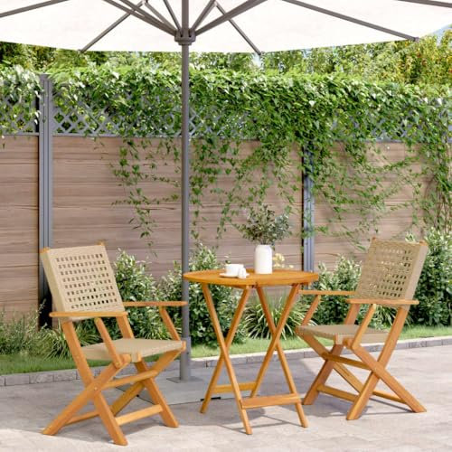 WKIEQACO Outdoor-Möbel-Set, 3-teilig, Bistro-Set, Polyrattan und Massivholz, Beige