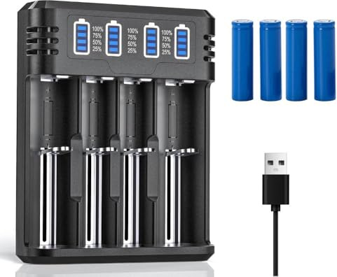 Universal USB Battery Charger Set, 4 Pcs 3500 mAh Flat Top Ni-MH Batteries, Fast Charge 4.2V 2A Max, 4-Slot Smart LCD Indicator Batteries Chargers for LED Flashlight, Headlamp, Remote Control, etc