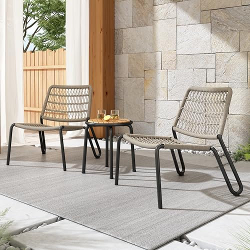 Bistroset 3-TLG. Balkonmöbel-Set aus verzinktem Stahl, handgeflochtenes Seil, Tischplatte aus Massivholz, Stühle mit Einer Tragkraft von 160 kg, geeignet für Terrasse, Garten und Balkon (Beige)