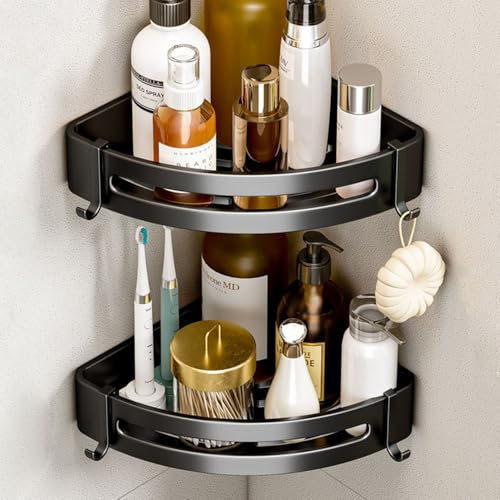 Athyior 2PCS Corner Shower Shelf Self Adhesive and Drilling - Rustproof Shower Caddy Aluminium Shelves No Drill/Screw-in Wall Mounted Organiser for Bathroom, WC, Kitchen Space Saving Storage (Black)