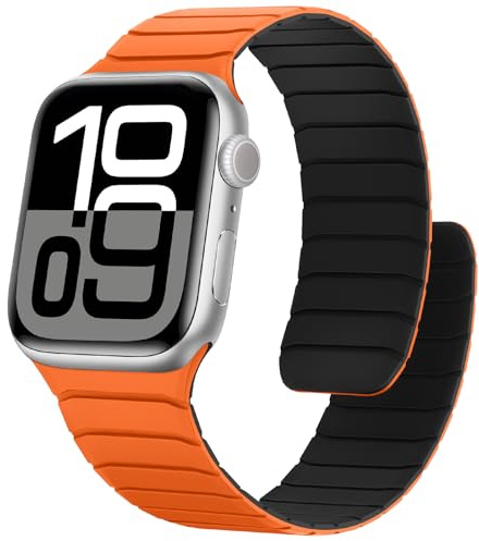 Sixmoat Magnetic Silicone Straps Compatible with Apple Watch 42mm(Series 11/10) 41mm 40mm 38mm, Sport Wristband for Men Women Compatible with iWatch SE Series 11 10 9 8 7 6 5 4 3, Orange-Black