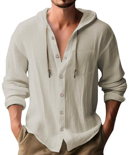 Generisch Camisa de lino para hombre de algodón de manga larga, holgada con capucha, camiseta de verano ligera y sencilla, de manga larga, transpirable, de secado rápido, con capucha, cordón, tiempo