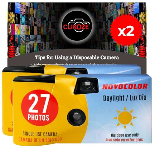 Appareil photo jetable avec appareil photo Novocolor Daylight à usage unique 27 poses et carte de conseils pour photographie Clikoze (2 caméras)