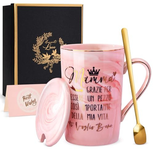 Regalo Mamma, Tazza da Caffè in Ceramica da 400ml con Confezione Elegante | Regalo Mamma Compleanno da Figlia e Figlio, Originale Utile Personalizzato, Coperchio, Cucchiaio, Biglietto