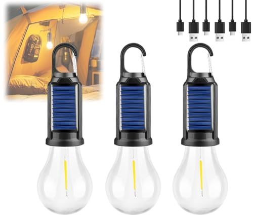 Lumière solaire rechargeable avec crochet - Ampoule extérieure 3 modes, étanche IPX5, USB/charge solaire pour camping, tente et urgences - Lampe torche portable avec crochet réglable (3 pièces)