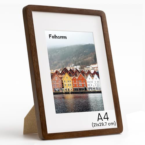 Feihorrm Massivholz Bilderrahmen, A4 Eiche Bilderrahmen, Mit gehärtetem Glas, Für 21x29,7 cm-Fotos ohne Passepartout oder 13,9x20 cm-Fotos mit Passepartout (Dunkel Braun, A4 (21x29,7 cm)/ 1x)