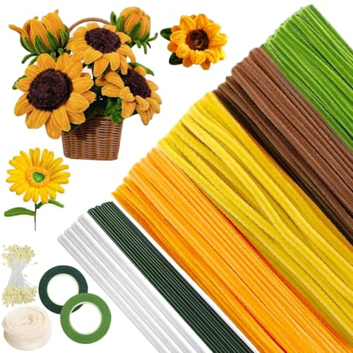 400 Stück Bouquet Pfeifenreiniger Blumen Set 30cm Pfeifenputzer zum Basteln | 4 Farben Pipe Cleaner, Gelb Pfeifenreiniger Chenilledraht für Geschenk zum Muttertag Valentinstag Weihnachten DIY Basteln