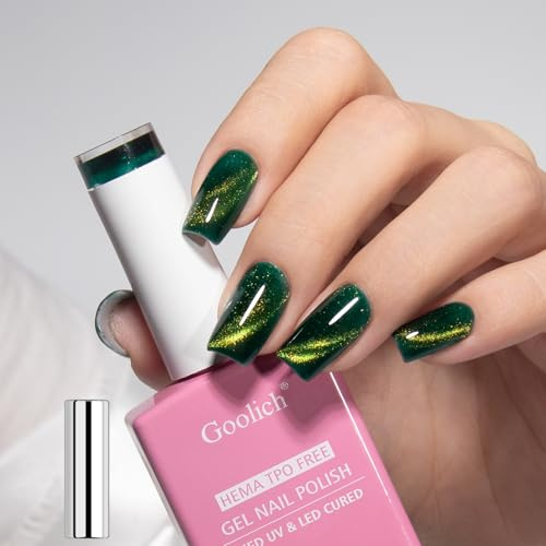 Goolich Kristall Katzenauge UV Nagellack, 15 ML HEMA & TPO Frei Grüner Holografischer Glitzer Schimmer Magnet Gel Nagellack mit Magnet Ablöse UV LED Nageldesign Maniküre Salon für Frauen Mädchen