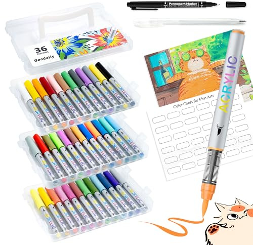 Rotuladores acrílicos con control automático de tinta, 36 colores, punta de pincel, resistente al agua, tarjeta de colores con forro y subrayador, juego de rotuladores acrílicos para piedra, huevo