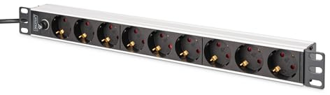 DIGITUS DN-95437 – Regleta de enchufes de 19 – 9 Tomas Tipo F – Conector C14 – 1U – con Fusible previo – 250 VCA 50/60 Hz 16 A 4000 W – para armarios de Red y servidores de 19 Pulgadas
