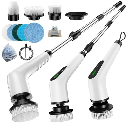 Homlab Electric Spin Scrubber, Cordless Cleaning Brush with 8 Replaceable Brush Heads, Shower Scrubber with Adjustable Extension Handle, Waterproof Power Scrubber for Bathroom Tile Floor Tub Car Walls