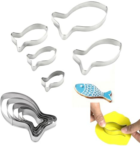 5er Set Fisch Ausstechformen Edelstahl, Keksausstecher für Plätzchen Kuchen | Verschiedene Größen, ideal für Taufe Kommunion Tortendeko Halloween& DIY Wiederverwendbar, leicht zu reinigen