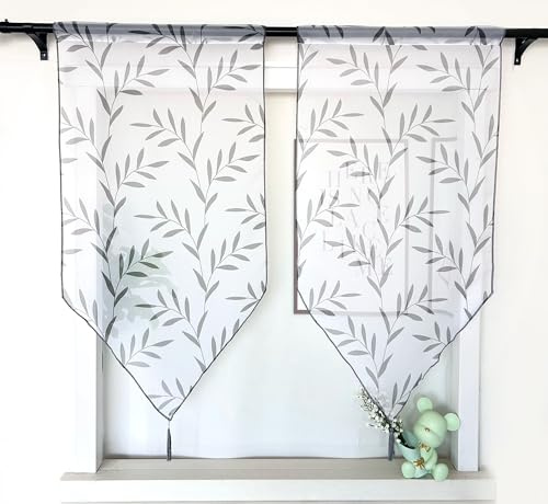 Devola Schiebegardinen Voile Transparent Panneaux Gardinen Landhaus Kurzgardine mit Quaste Küchenvorhang mit Blättermuster Druck Kleinfenster Store mit Stangendurchzug HxB 90x60cm Grau 2 Stück