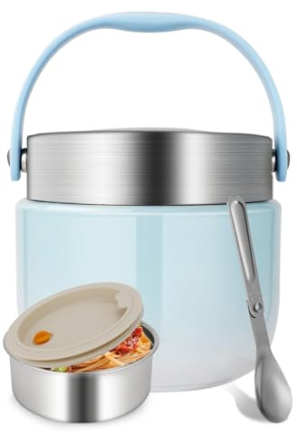 Ezvsevuo Termico per Alimenti Caldi 1200ml, Contenitore Termos Alimenti Caldi con Cucchiaio Pieghevole, Termico per Cibo in Acciaio Inossidabile, Tazza Termica per Zuppe, Noodles (Blu)