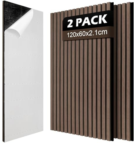Jaxguom 2x Akustikpaneele Holz 120x60cm (1.44m²) Selbstklebend 3D Wandpaneele in Holzoptik für Schallschutz & Dekoration,Holzpaneele für Wohnzimmer,Büros,Studios,Zur Wandmontage,Walnuss