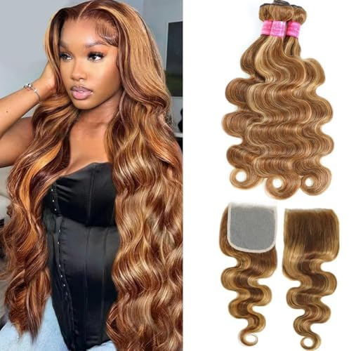 Ombre Brown Highlight Human Hair Body Wave Bundles with 5x5 Closure 100% Unprocessed Brazilian Highlight Body Wave Human Hair 3 Bundles with 5X5 Closure Piano Color