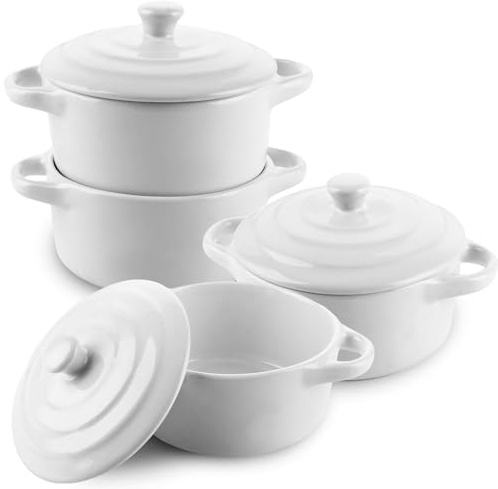 APACALI Juego de 4 mini cazuelas pequeñas con tapa, de porcelana con asas, para lasaña, soufflé, horno, microondas y lavavajillas
