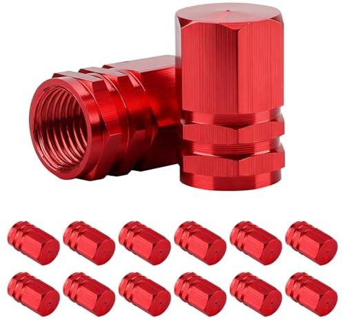 12 Tapones para válvulas de neumáticos,Tapones metálicos Antipolvo para neumáticos de Coche,Tapones de Aluminio para Ruedas,Cubiertas Antipolvo para válvulas de neumáticos Protectoras (Rojo)