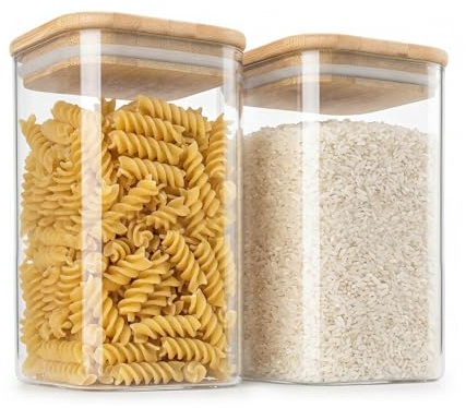 Arendo - Vorratsbehälter mit Deckel 1200ml - 2er Set - Behälter aus Glas – hitzebeständig – Vorratsdosen/Vorratsgläser mit Bambusdeckel - luftdicht - für Müsli Zucker Mehl Kaffee Reis