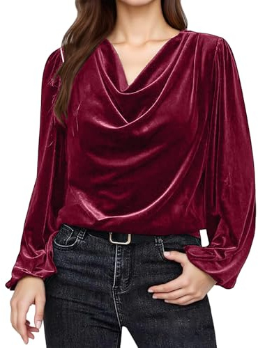 Nuoke Chemise Femme,Blouse en Velours pour Femme, Automne 2025, col bénitier, Manches Bouffantes, élégante et décontractée. Hauts Amples pour (Wine, L)