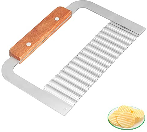 Baxnore Cortador de patatas ondulado de acero inoxidable herramienta de cocina cortador de verduras multiusos con mango de madera para patatas fritas pepinos diseño ergonómico anti