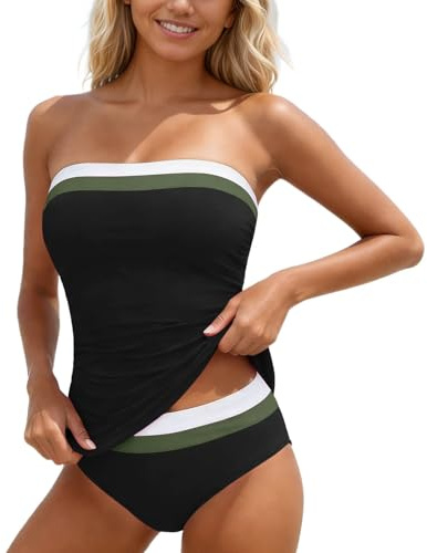 Generico Costume da Bagno Tankini Set Due Pezzi Mare Curvy Costumi da Bagno Bandeau Top Senza Spalline + Slip Swimsuit Vita Bassa Estate Beachwear Swimwear per Spiaggia Piscina 2026