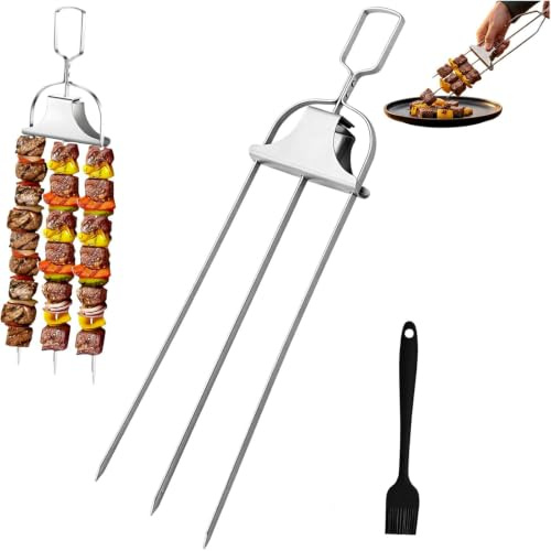 ZFFAFUR 3-Way Flat Stainless Steel BBQ Skewers Kit with Sliding Push Bar – Versatile Grilling Rack for Kabobs, Perfect Even Cooking for Meat, Chicken, Sausages & Garden-Fresh Veggies