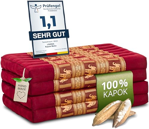 livasia Nachhaltige Klappmatratze aus Kapok - 200x80x8cm - Gästematratze mit Thaiseide, Matratze faltbar für Van, ökologische Yogamatte, Gästebett klappbar, Liege Garten Balkon (Rot/Elefanten Seide)
