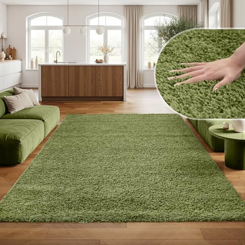 SIMPEX Shaggy Hochflor Teppich, 140x200 cm, Grün, weich, flauschig, modern, einfarbig, Vielseitig einsetzbar im Wohnbereich, für Wohnzimmer Schlafzimmer Flur
