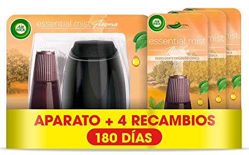 Air Wick Essential Mist - Aparato y 4 recambios de ambientador difusor aceites Esenciales para casa con Aroma a Explosión Cítrica, el Embalaje Puede Variar