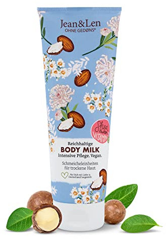 Jean & Len Reichhaltige Bodymilk mit Sheabutter, pflegt trockene Haut intensiv & ist hautverträglich, ohne Parabene Silikone, Mineralöl & Mikroplastik, vegan, 250 ml