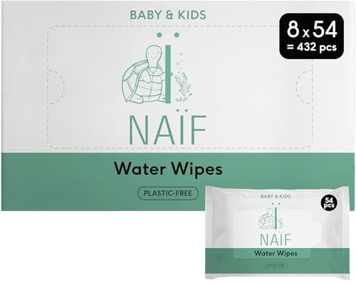 Naïf Plastikfreie Feuchttücher 432 Stück (8er x 54 Feuchttuch) - Pflege für Babypo, Körper und Gesicht - 99% aus Wasser - 0% Parfüm und Alkohol - Nachhaltige Feuchttücherbox Eukalyptus Sensitiv
