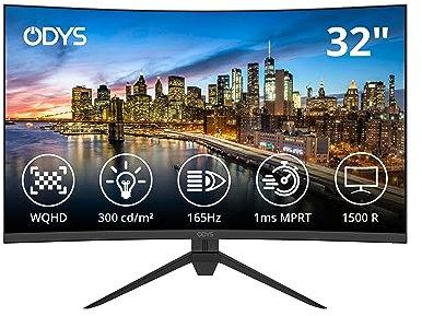 Odys XP32 80cm (32) WQHD Curved Monitor (2.560x1.440 Pixel, 165Hz, 1ms Reaktionszeit, AMD FreeSync, NVIDIA G-Sync kompatibel, Blaulicht Reduktion, HDMI, Display Port,) Schwarz